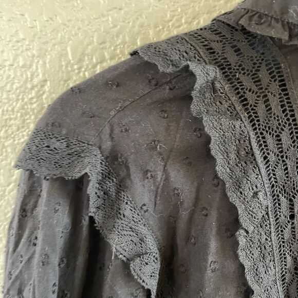 Farm Rio Blouse XS Black Romantic Swiss Dot Ruffle Button Up Victorian Boho - Picture 7 of 16